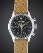 A GENTLEMAN'S STAINLESS STEEL GIGANDET WAKMANN TRIPLE CALENDAR CHRONOGRAPH WRIST WATCH CIRCA