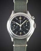 A GENTLEMAN'S STAINLESS STEEL BRITISH MILITARY LEMANIA SINGLE BUTTON ROYAL NAVY CHRONOGRAPH WRIST