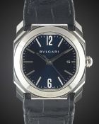 A GENTLEMAN'S STAINLESS STEEL BULGARI OCTO WRIST WATCH CIRCA 2017, REF. BGO 38 S WITH BLUE DIAL