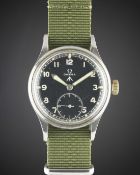 A GENTLEMAN'S STAINLESS STEEL BRITISH MILITARY OMEGA W.W.W. WRIST WATCH CIRCA 1940s, PART OF THE 