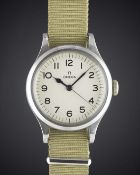 A GENTLEMAN'S STAINLESS STEEL BRITISH MILITARY OMEGA RAF PILOTS WRIST WATCH DATED 1956 Movement: