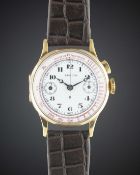 A RARE GENTLEMAN'S 18K SOLID GOLD ZENITH SINGLE BUTTON CHRONOGRAPH WRIST WATCH CIRCA 1930, ENAMEL