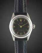A RARE GENTLEMAN'S STAINLESS STEEL ROLEX OYSTER WRIST WATCH CIRCA 1953, REF. 6244 WITH BLACK 