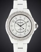A FULL SIZE WHITE CERAMIC & DIAMOND CHANEL J12 AUTOMATIC BRACELET WATCH CIRCA 2015, REF. H2013