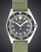 A RARE GENTLEMAN'S STAINLESS STEEL BRITISH MILITARY PRECISTA ROYAL NAVY DIVERS WRIST WATCH DATED