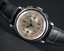 A RARE GENTLEMAN'S LARGE SIZE STAINLESS STEEL ETERNA CHRONOGRAPH WRIST WATCH CIRCA 1940s, WITH TWO