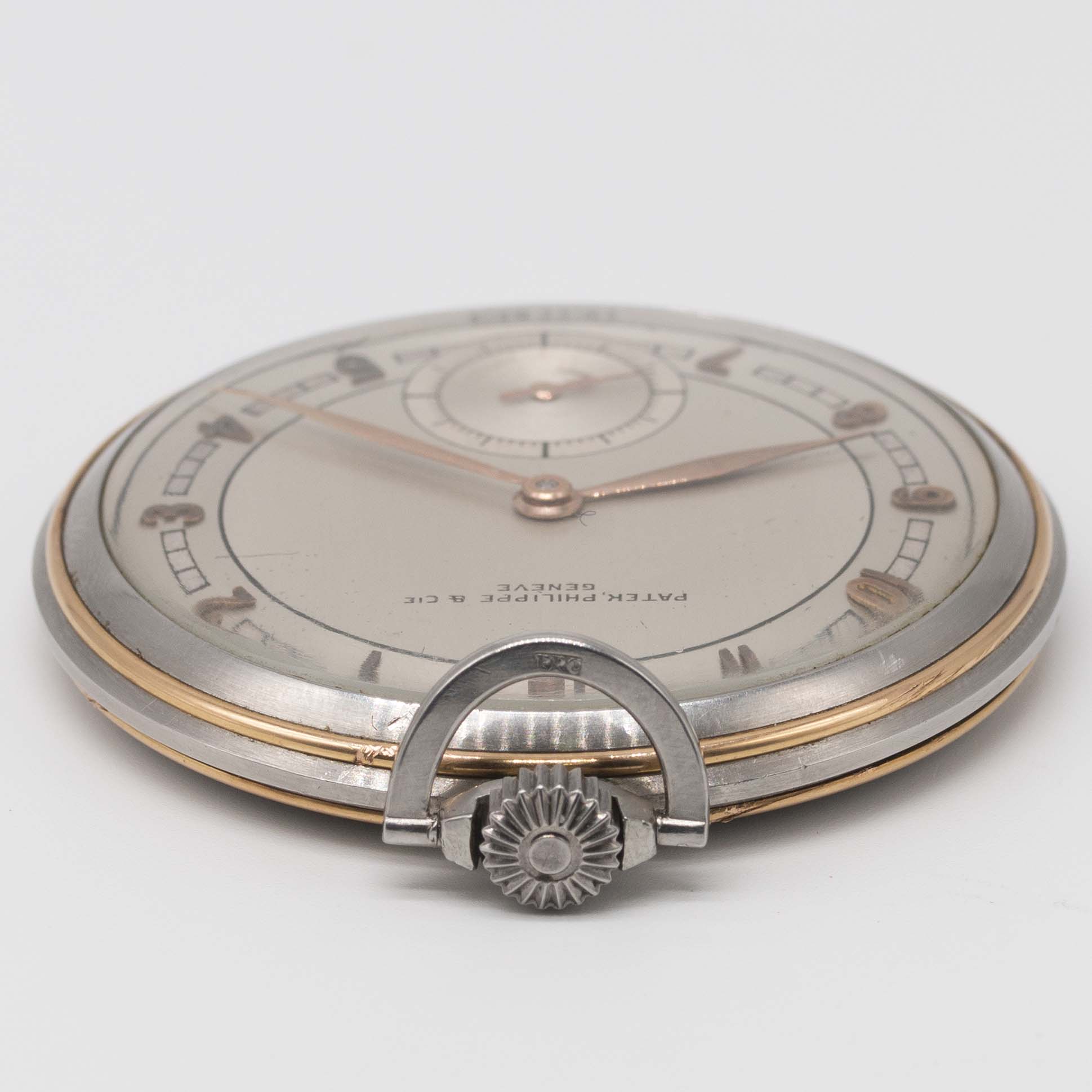 A RARE STAINLESS STEEL & ROSE GOLD PATEK PHILIPPE POCKET WATCH CIRCA 1930s, TWO TONE SILVER DIAL - Image 8 of 9