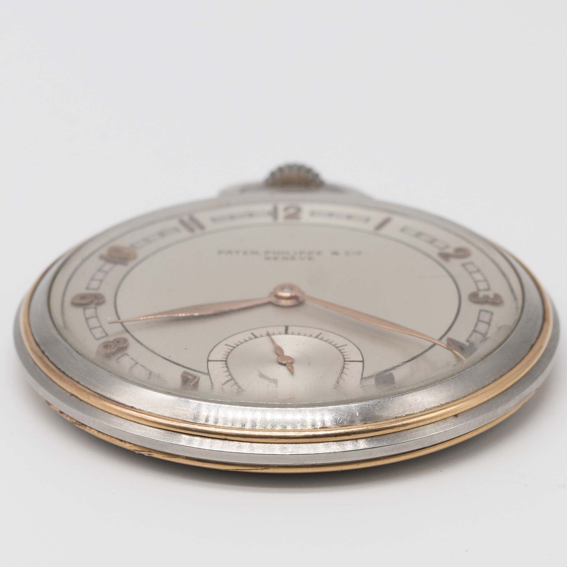 A RARE STAINLESS STEEL & ROSE GOLD PATEK PHILIPPE POCKET WATCH CIRCA 1930s, TWO TONE SILVER DIAL - Image 9 of 9