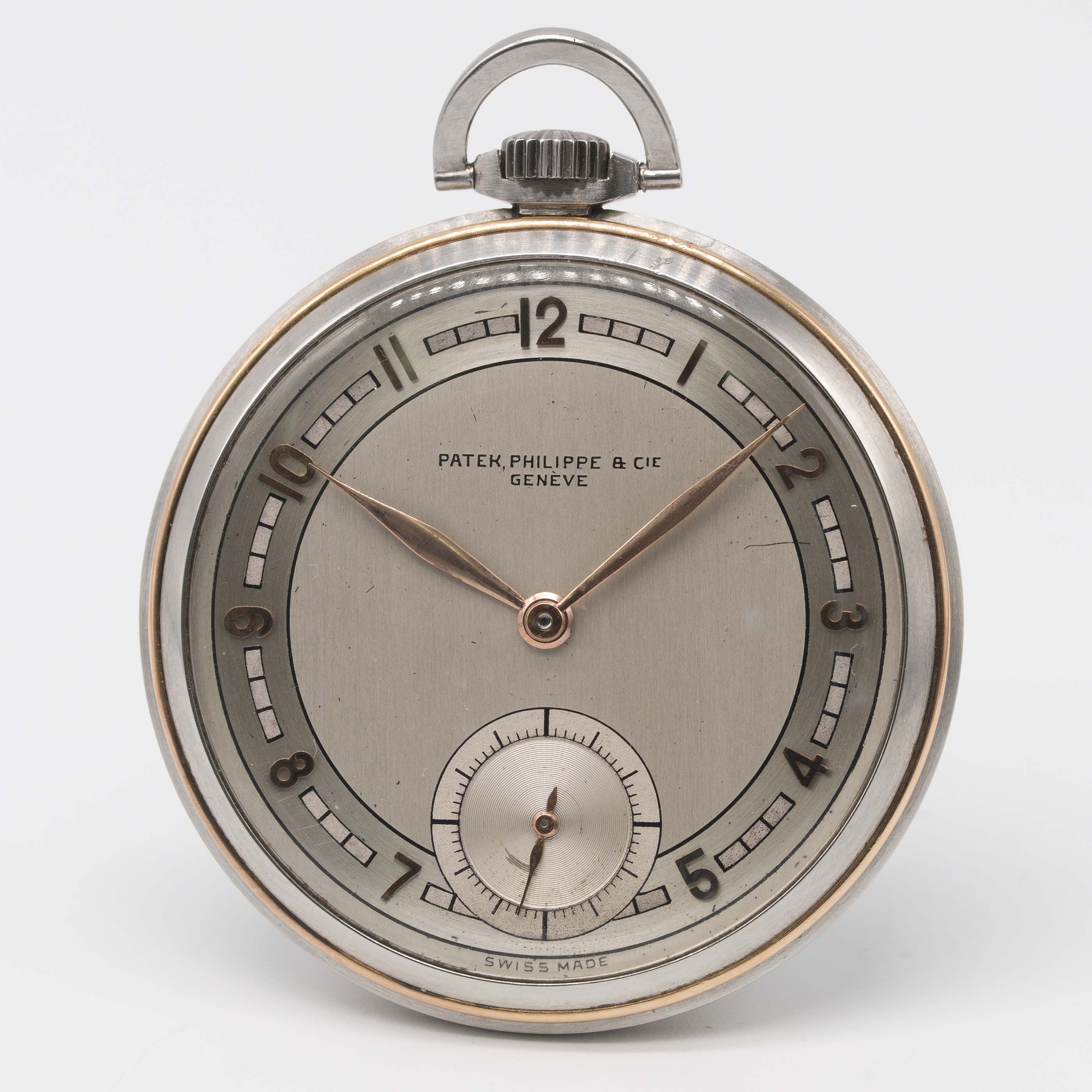 A RARE STAINLESS STEEL & ROSE GOLD PATEK PHILIPPE POCKET WATCH CIRCA 1930s, TWO TONE SILVER DIAL - Image 2 of 9