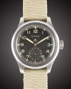 A GENTLEMAN'S STAINLESS STEEL BRITISH MILITARY CYMA W.W.W. WRIST WATCH CIRCA 1940s, PART OF THE 