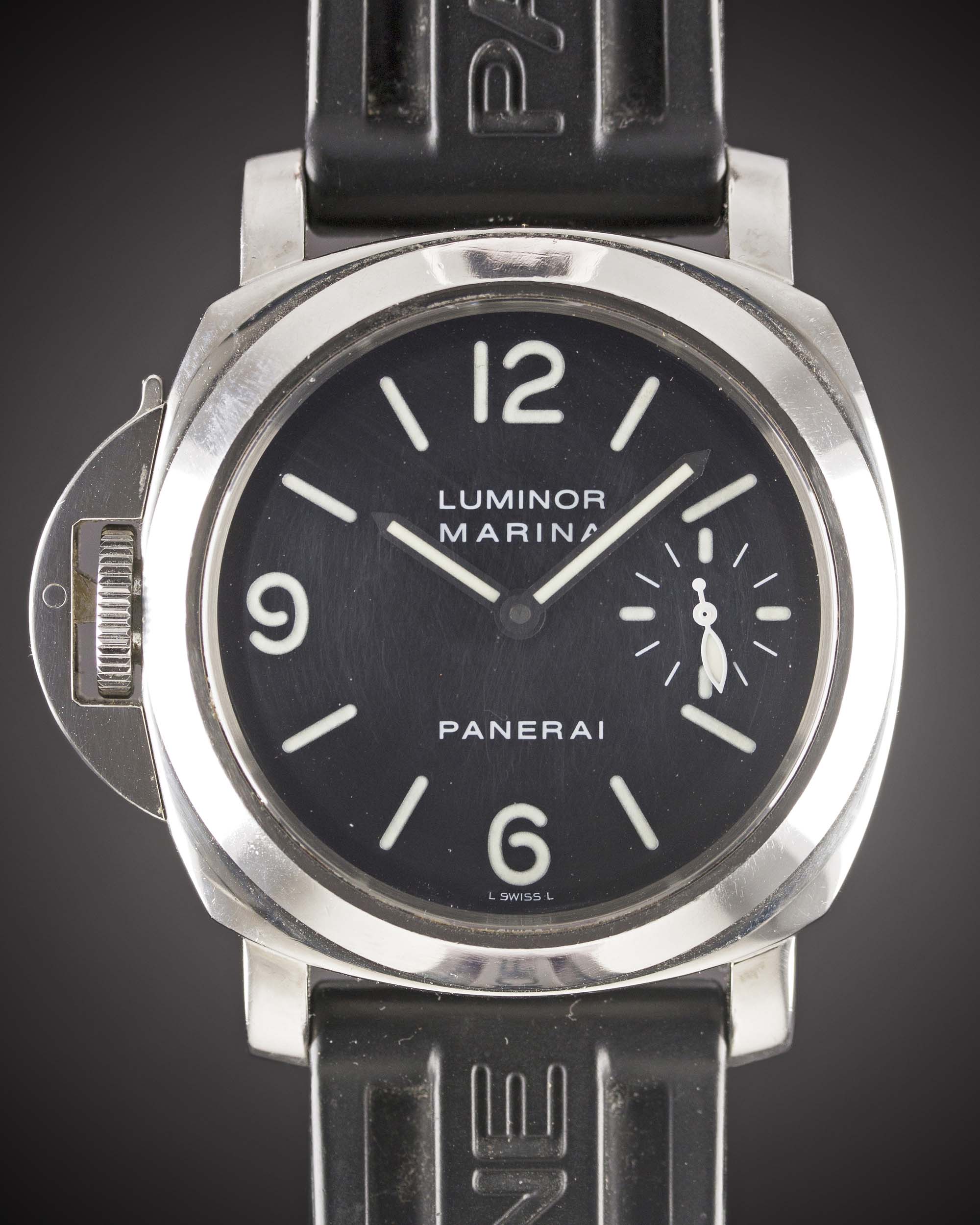 A GENTLEMAN'S STAINLESS STEEL PANERAI LUMINOR MARINA LEFT HANDED WRIST WATCH DATED 2003, REF.