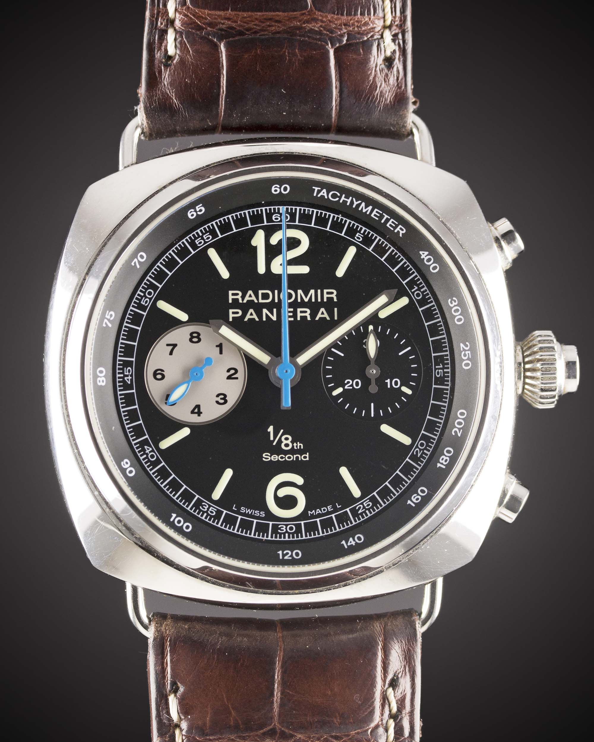 A GENTLEMAN'S STAINLESS STEEL PANERAI RADIOMIR 1/8TH SECOND RATTRAPANTE CHRONOGRAPH WRIST WATCH