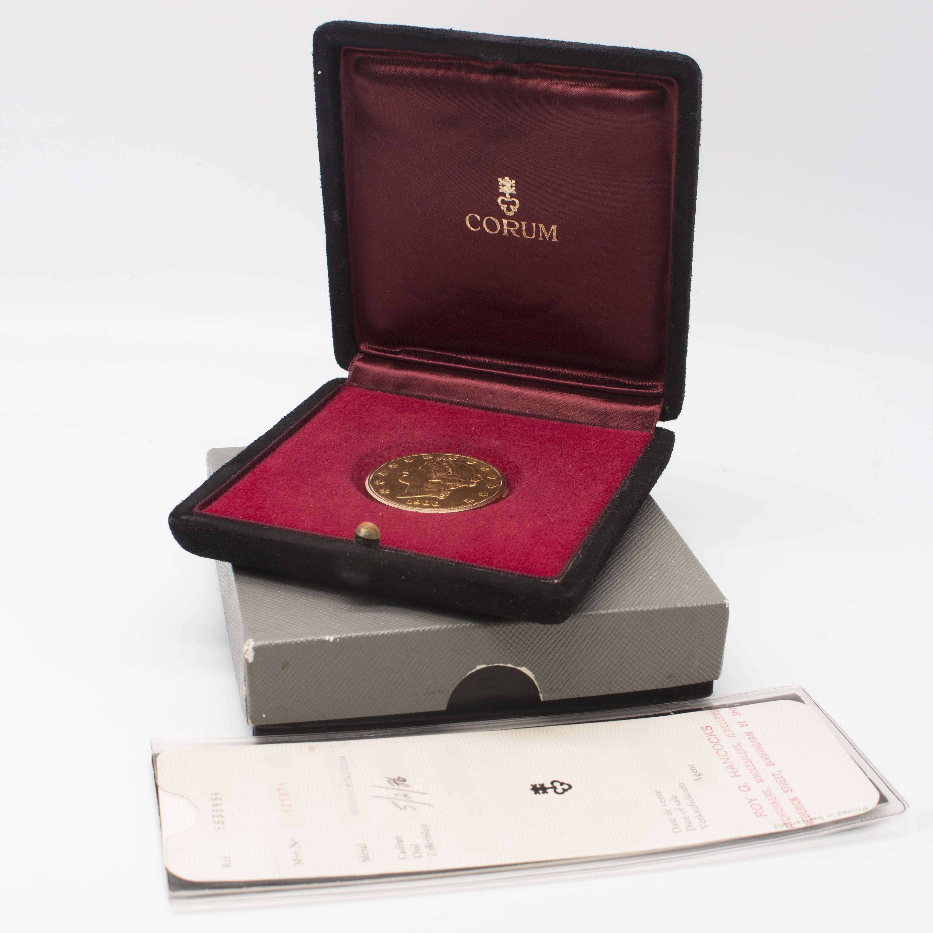 AN 18K SOLID GOLD CORUM 20 DOLLAR COIN WATCH DATED 1976, WITH THE ORIGINAL BOX & GUARANTEE Movement: - Image 11 of 11