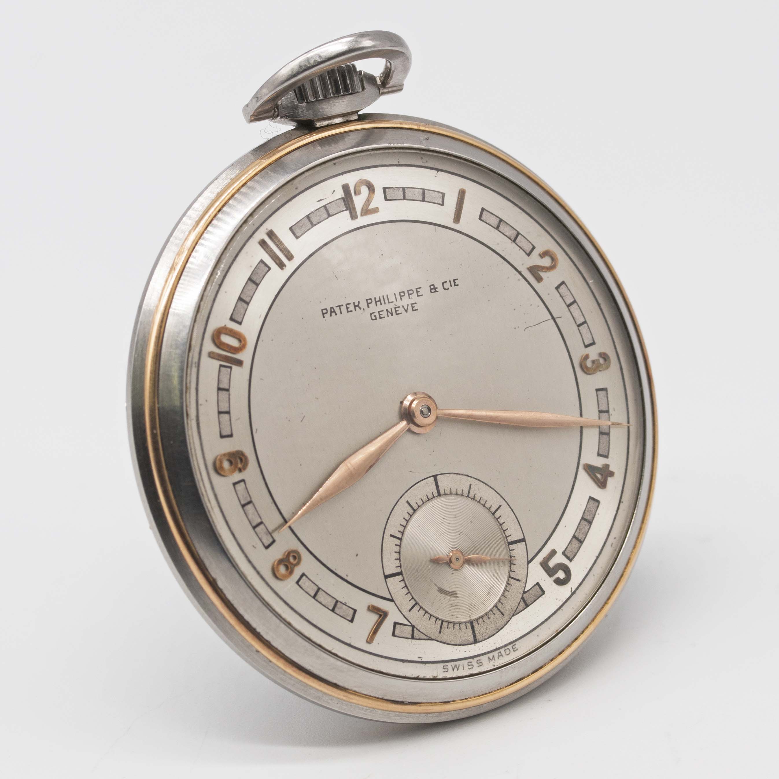 A RARE STAINLESS STEEL & ROSE GOLD PATEK PHILIPPE POCKET WATCH CIRCA 1930s, TWO TONE SILVER DIAL - Image 4 of 9