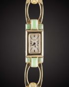 A RARE LADIES 14K SOLID GOLD & JADE CARTIER BRACELET WATCH CIRCA 1940, MADE FOR THE AMERICAN MARKET