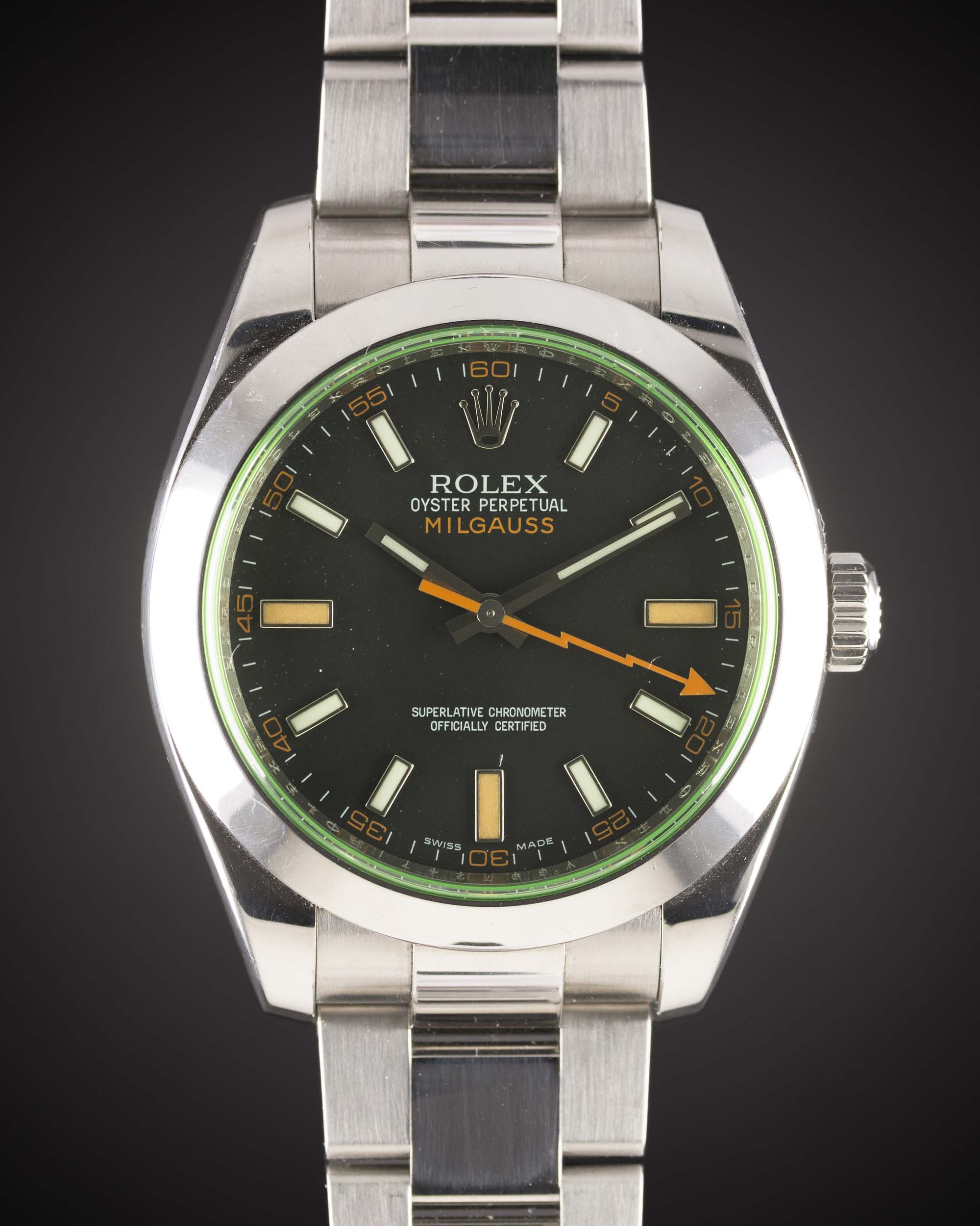 A GENTLEMAN'S STAINLESS STEEL ROLEX OYSTER PERPETUAL "GREEN GLASS" MILGAUSS BRACELET WATCH DATED
