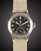 A GENTLEMAN'S STAINLESS STEEL BRITISH MILITARY OMEGA W.W.W. WRIST WATCH CIRCA 1940s, PART OF THE 