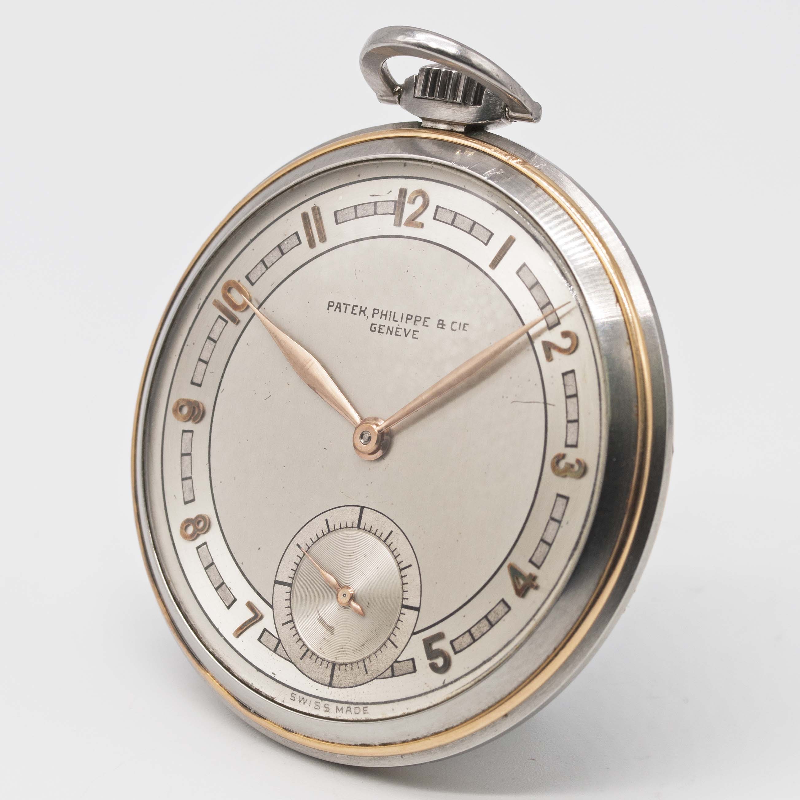 A RARE STAINLESS STEEL & ROSE GOLD PATEK PHILIPPE POCKET WATCH CIRCA 1930s, TWO TONE SILVER DIAL - Image 3 of 9