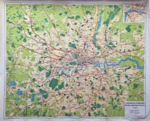 1956 quad-royal POSTER MAP 'London & Suburbs, Main Line Railways and connecting Railways of London