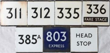 Selection of London Transport bus stop enamel E-PLATES comprising routes 311, 312, 335, 336 Fare