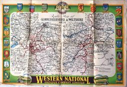 1930s Western National POSTER ROUTE MAP of bus services in the Gloucestershire & Wiltshire Area.