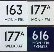 Small selection of London Transport bus stop enamel E-PLATES comprising 163 Mon-Fri, 177A Mon-Fri,