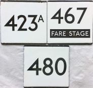 Small selection of London Transport bus stop enamel E-PLATES comprising 423A, 467 Fare Stage and