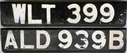Pair of London Transport Routemaster front REGISTRATION PLATES, the first WLT 399 (ex-RM 399, 1960-