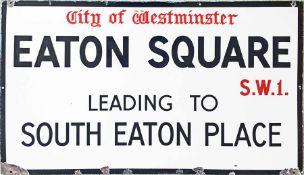 c1930s-1950s City of Westminster enamel STREET SIGN from Eaton Square, SW1 with the extra wording '