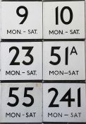 Selection of London Transport bus stop enamel E-PLATES, all designated Mon-Sat and for routes 9, 10,