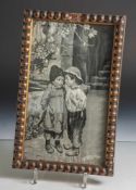 Seidenstickarbeit, Brüderchen und Schwesterchen, um 1900, in Schwarz-Weiß, ca. 28,5 x 17 cm,