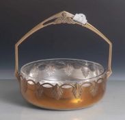 Henkelschale, 1920er Jahre, Art Deco, Gelbguss innen versilbert mit Glaseinsatz ausfarblosem Glas,