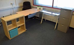 A Light Oak Effect Table, An Ash Effect Low Open 4-Section Storage Unit, A Glass Topped Table with