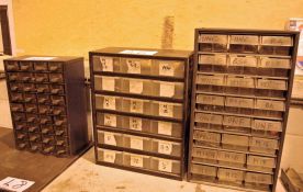 Three Multi-Parts Cabinets and Contents Including Taps, Drills and A Mobile Lin Bin, Rack and