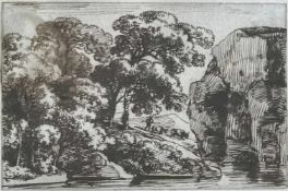 Franz Kobell (1749-1822), Landschaft am See mit hohen Felsen und Bäumen sowie einem Hirten mit