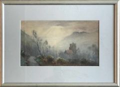 Emily Mary Bibbens Warren (1869 -1956), Alte, englische Kirche im Tal eines hügeligen Geländes,