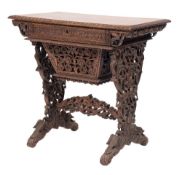 A 19th Century Indian carved rosewood rectangular work table:, the top with an egg and dart edge,