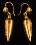 A pair of Victorian gold, Etruscan style earrings: the tapering drops on domed surmounts,