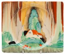 A Clarice Cliff Biarritz Forest Glen pattern plate: decorated in shades of green and orange on a