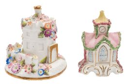An English porcelain pastille burner in the form of an octagonal gate house and one similar: the