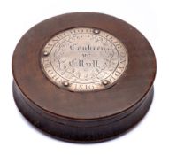 A Welsh treen and silver inset circular snuff box: with welsh inscription, 'B Hodd Knight Peer,