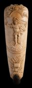 A mid 18th century French ivory tobacco/snuff rasp: carved with the figure of Mars with armorial