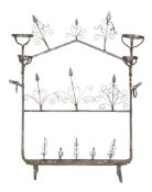 A polished steel lantern rack in the 17th century style with four brazier-type apertures.