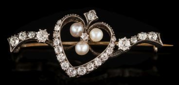 A 19th century gold, silver, diamond and pearl mounted bar brooch: with central heart-shaped motif,