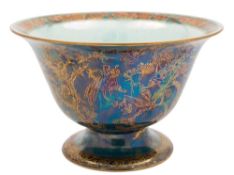 A Wedgwood fairyland lustre pedestal bowl: the exterior decorated with the 'Firbolgs' pattern,