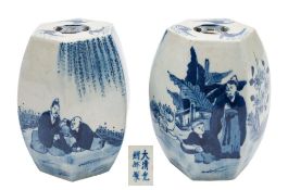 A pair of Chinese blue and white models of hexagonal garden seats: each painted with scholars and