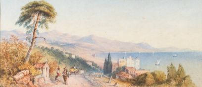 Neapolitan School 19th Century- Naples Bay, figures by a shrine in the foreground,:- watercolour,
