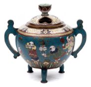 A late 19th century Chinese cloisonne censer and cover: of globular form,