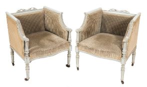 A pair of French grey painted tub-shaped chairs:,