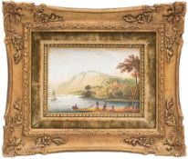 An English porcelain topographical plaque: painted with a named view of a castle by a loch with
